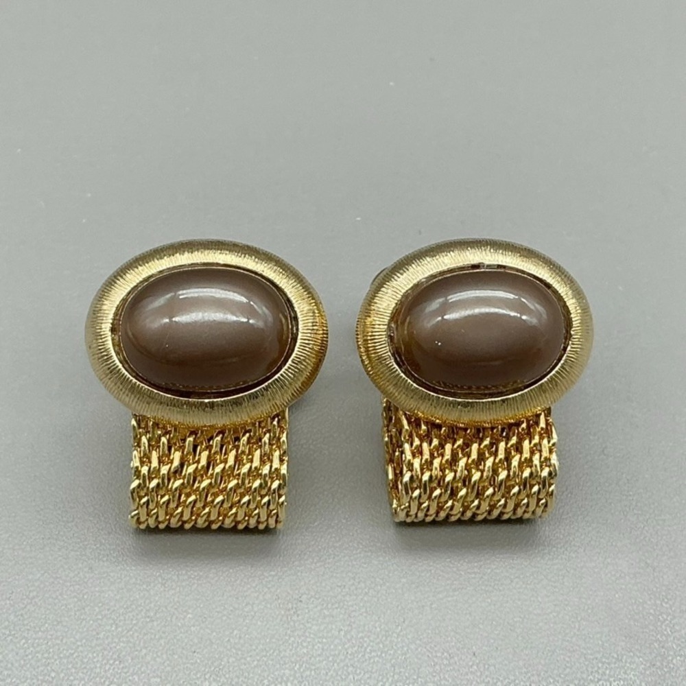 Vintage Foster Men's Gold Tone Mesh Wrap Brown Cabochon Cufflinks MCM